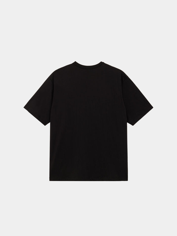 Black cotton tee with short sleeves, shown from the back; simple crewneck design. Alpha Caution Tape Tee by Alpha Industries.