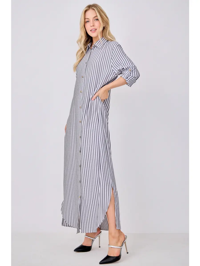 Striped Button Down Shirt Maxi Dress - Greige Goods