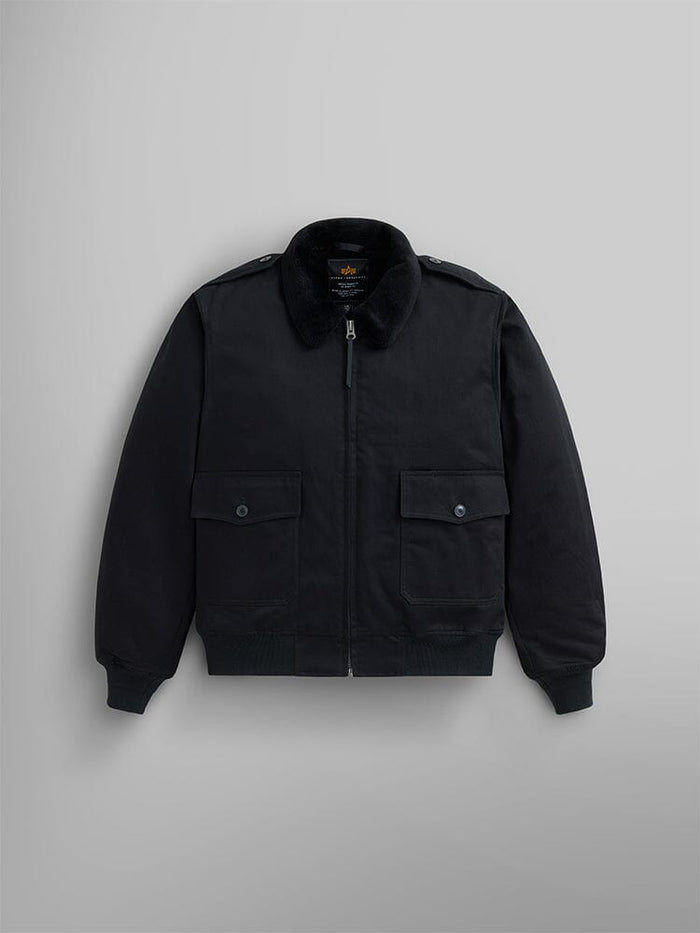 1940s B-10 Bomber Jacket by Alpha Industries in black, features a retro style with a faux fur collar, zip closure, and two buttoned front pockets.