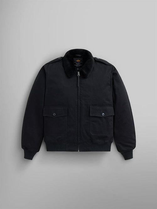 1940s B-10 Bomber Jacket by Alpha Industries in black, features a retro style with a faux fur collar, zip closure, and two buttoned front pockets.
