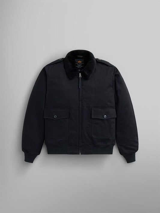 1940s B-10 Bomber Jacket by Alpha Industries in black, features a retro style with a faux fur collar, zip closure, and two buttoned front pockets.