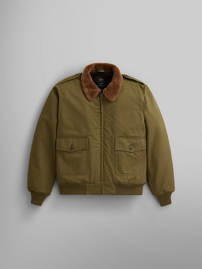 1940s B-10 Bomber Jacket by Alpha Industries, in an olive color, comes with a brown shearling collar, front zipper, and two buttoned pockets.