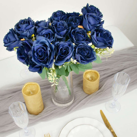 2 Bushes Navy Blue Silk Rose Bouquets – Real Touch Long Stem Artificial Flowers 18"