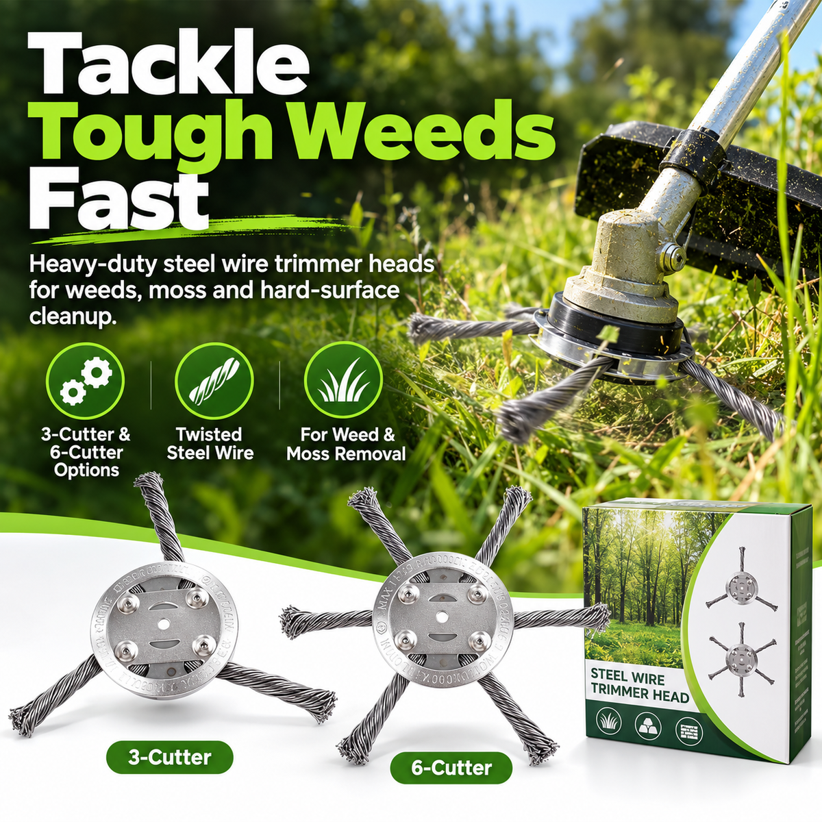 Heavy-Duty Steel Wire Brush Trimmer Head – For Weeds, Grass & Paver Gaps