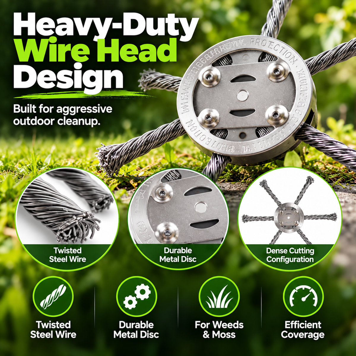 Heavy-Duty Steel Wire Brush Trimmer Head – For Weeds, Grass & Paver Gaps