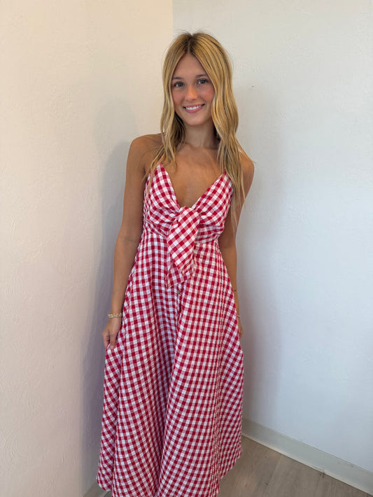 Checker Crossed Strap Midi Dress