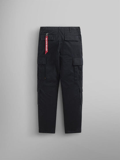 Alpha Industries Acu Pant in black with multiple utility pockets and red Remove Before Flight keychain.