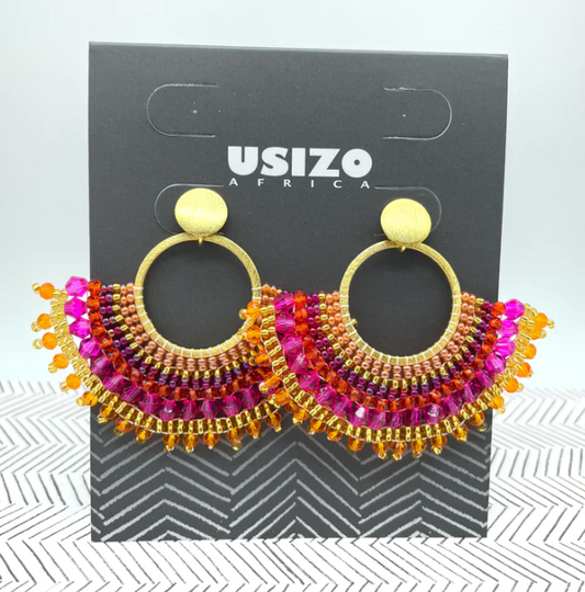 African Goddess Pink Beaded Earrings with Gold Fittings