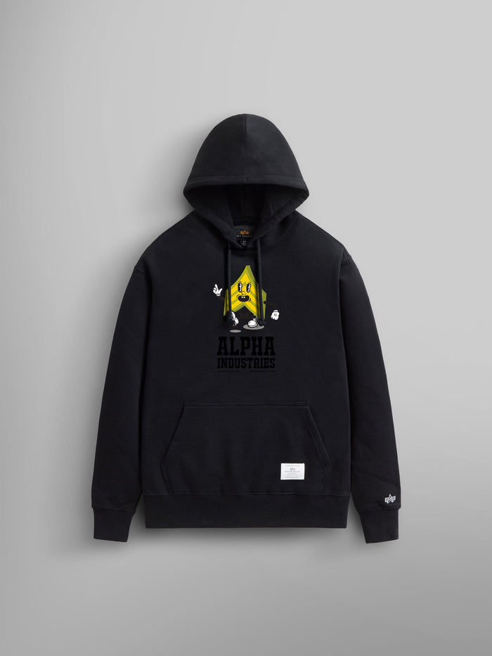 Alpha Badge Hoodie by Alpha Industries, black, kangaroo pocket, yellow cartoon character graphic, front logo.