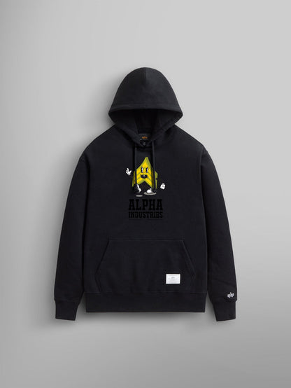 Alpha Badge Hoodie by Alpha Industries, black, kangaroo pocket, yellow cartoon character graphic, front logo.