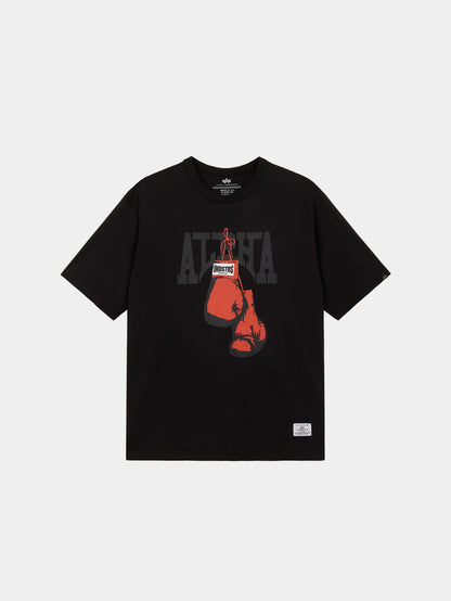 Alpha Boxer Tee by Alpha Industries in Black made from 100% cotton with ALPHA lettering, red boxing gloves graphic, and Undisputed tag.