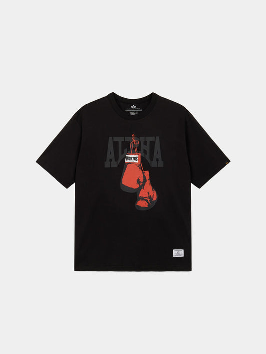 Alpha Boxer Tee by Alpha Industries in Black made from 100% cotton with ALPHA lettering, red boxing gloves graphic, and Undisputed tag.