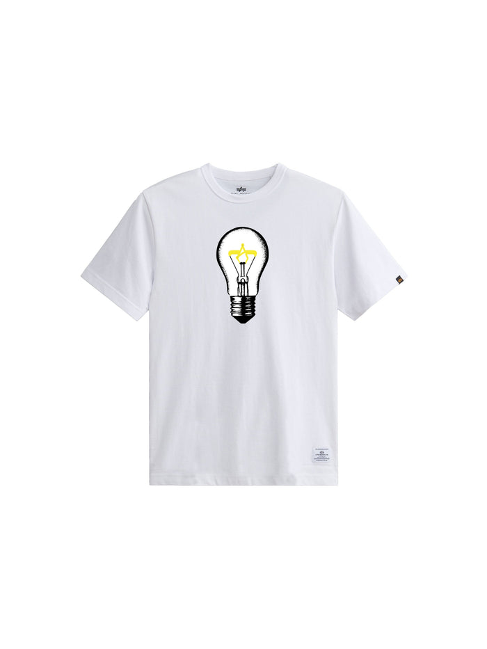 Alpha Light Bulb Tee by Alpha Industries, white, graphic tee with centered light bulb pencil effect design and ALPHA embroidery.