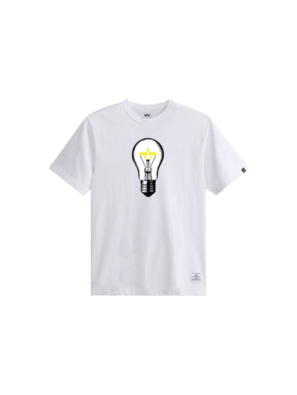 Alpha Light Bulb Tee by Alpha Industries, white, graphic tee with centered light bulb pencil effect design and ALPHA embroidery.
