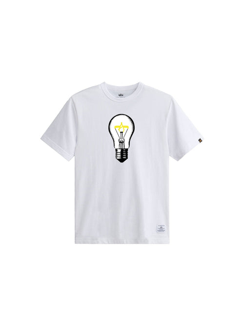 Alpha Light Bulb Tee by Alpha Industries, white, graphic tee with centered light bulb pencil effect design and ALPHA embroidery.