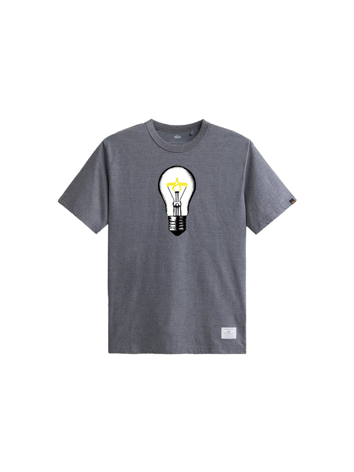 Alpha Industries Alpha Light Bulb Tee, Medium Charcoal Heather, lightbulb graphic with yellow glow and pencil effect on chest.