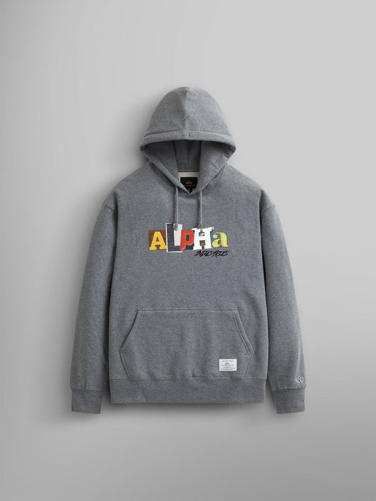 Alpha Ransom Hoodie by Alpha Industries in Medium Charcoal Heather with mixed-font Alpha Industries plastisol print on chest, front pocket, and small label near hem.