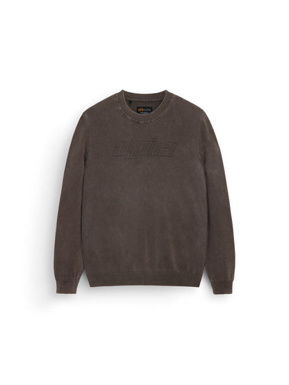 Alpha Sweater by Alpha Industries, chocolate crewneck in cotton with ribbed cuffs and hem, relaxed fit, alpha embossed on chest.