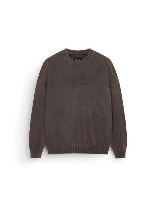 Alpha Sweater by Alpha Industries, chocolate crewneck in cotton with ribbed cuffs and hem, relaxed fit, alpha embossed on chest.