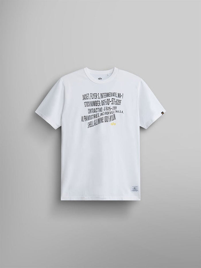 Alpha Warped Label Tee by Alpha Industries, white, black and yellow diagonal Alpha label print.
