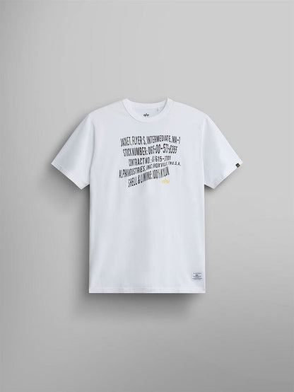 Alpha Warped Label Tee by Alpha Industries, white, black and yellow diagonal Alpha label print.