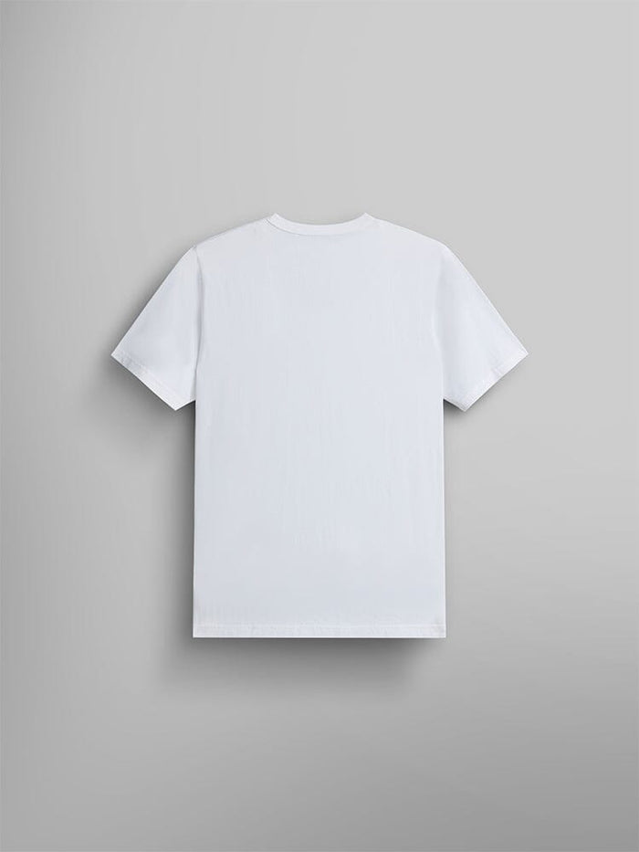 Alpha Warped Label Tee by Alpha Industries, white short-sleeve t-shirt, warped label detail.