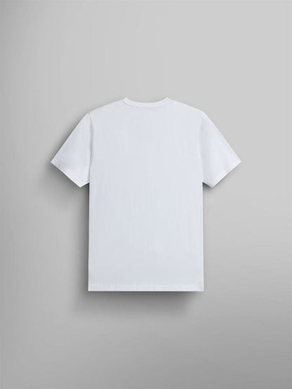 Alpha Warped Label Tee by Alpha Industries, white short-sleeve t-shirt, warped label detail.