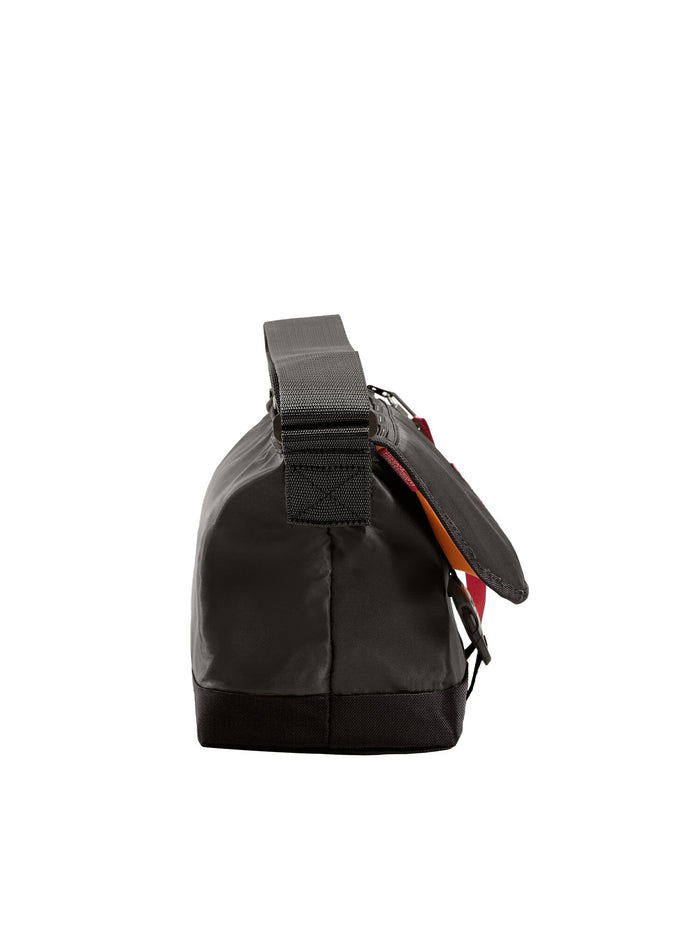 Alpha X Manhattan Portage Nylon Messenger Bag SM by Alpha Industries, black flight nylon, zip closure, adjustable top strap, high-vis orange lining.
