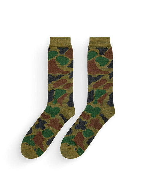 Anon X Alpha Camo Socks by Alpha Industries, crew-length, cotton-blend in frogskin camo with green, brown, and black pattern.