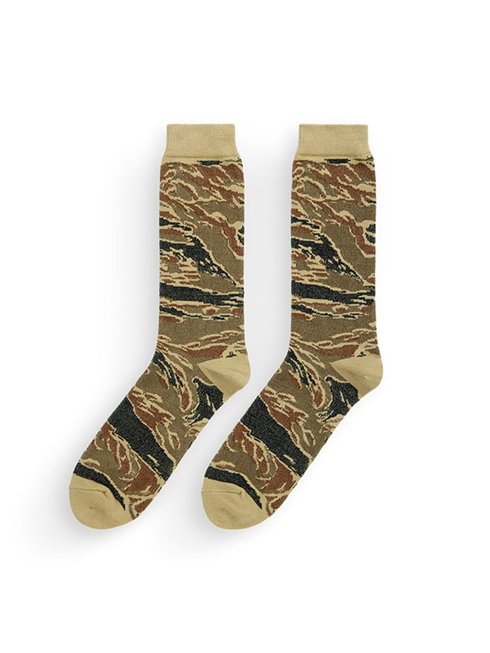 Alpha Industries Anon X Alpha Camo Socks, Tiger Camo, ribbed knit, crew length.