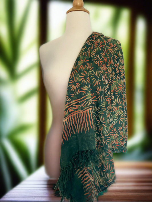 Batik Rayon Sarong with Fringed Ends -Pine Green Orange