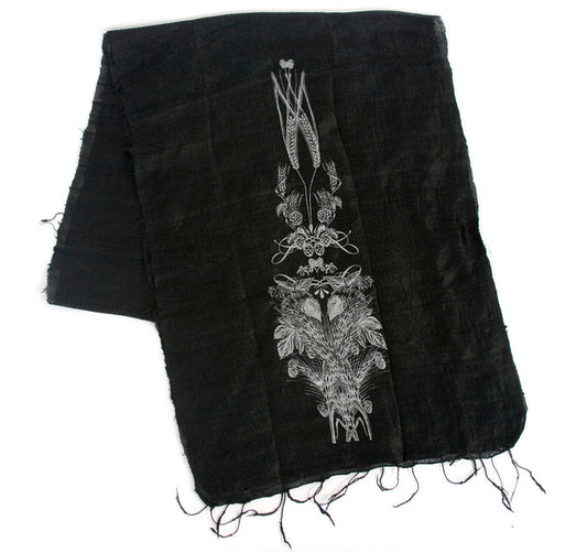 Pale grey ink on black silk scarf.