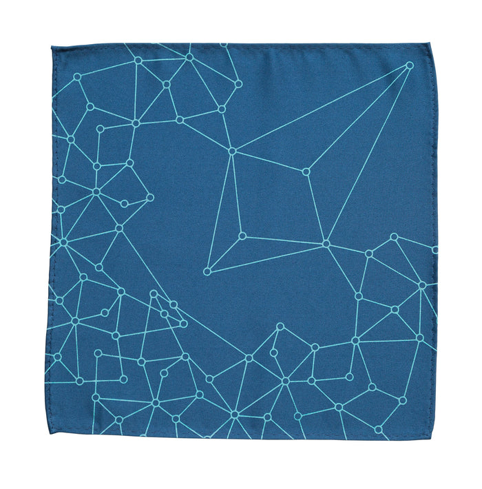 Blockchain Distributed Network Pocket Square, Turquoise on French Blue Print, by Cyberoptix