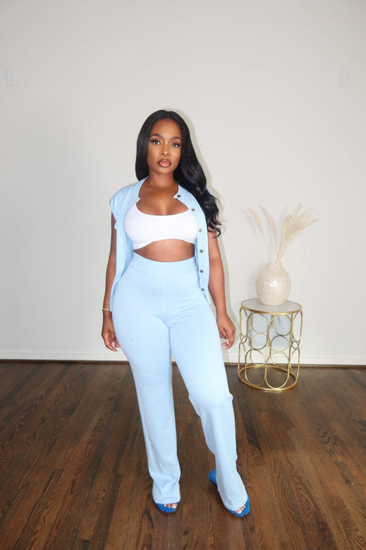 Blue cardigan pant set