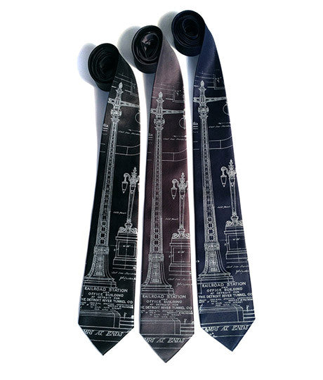 MCS Train Station Necktie. Pale gray ink on black, charcoal, navy.
