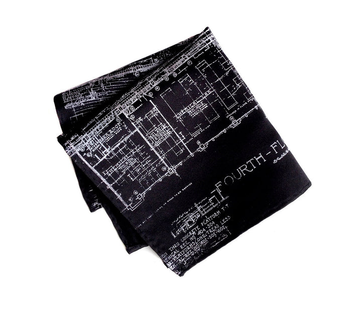 Blueprint pocket square. White print on navy.
