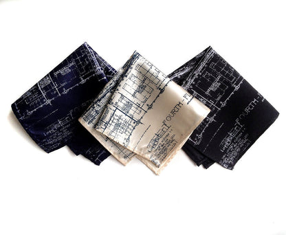 Blueprint Pocket Square. Navy print on cream; white print on black & navy.