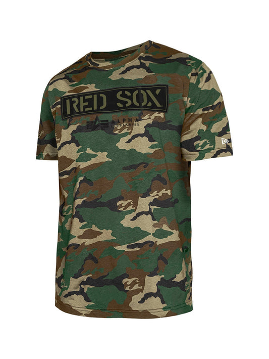 Boston Red Sox X Alpha X New Era Camo T-Shirt by Alpha Industries, camo design, red sox twill applique on chest, small logo patch on left sleeve.