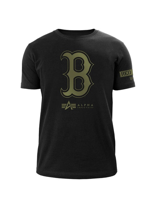 Black Boston Red Sox X Alpha Industries X New Era T-Shirt, bold B team logo on chest, Alpha Industries branding below, red sleeve text inspired by MA-1 Bomber Jacket.