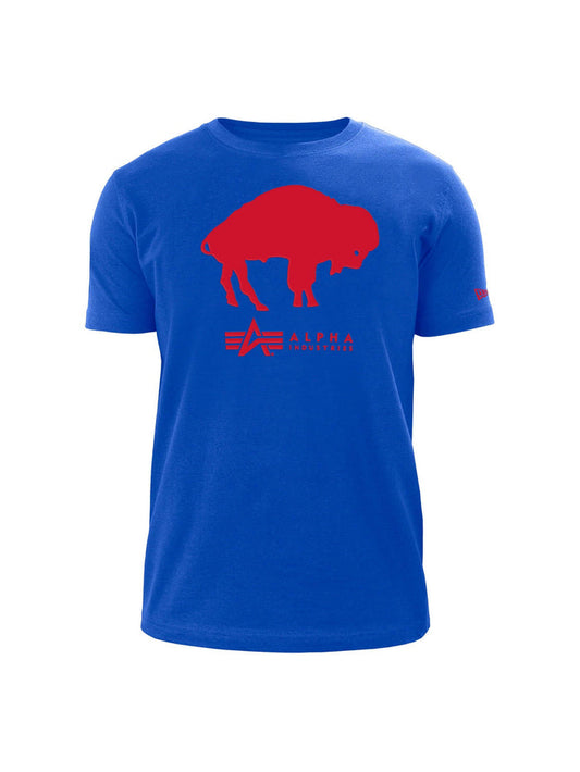 Introducing the Buffalo Bills X Alpha X New Era T-Shirt (Historic Logo) from Alpha Industries—a blue t-shirt showcasing a prominent red buffalo silhouette, the "Alpha Allstars" text, and a stylized team logo beautifully crafted with Twill Applique.