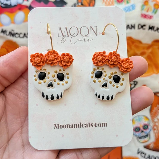 Calaveras w/ Cempasuchil Clay Earrings