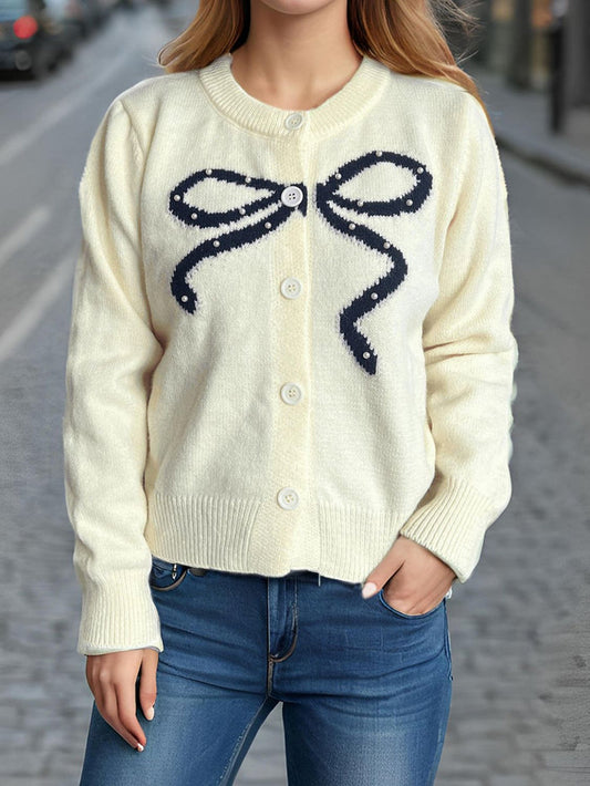 Chic Bow Button Cardigan with Stylish Round Neck Design