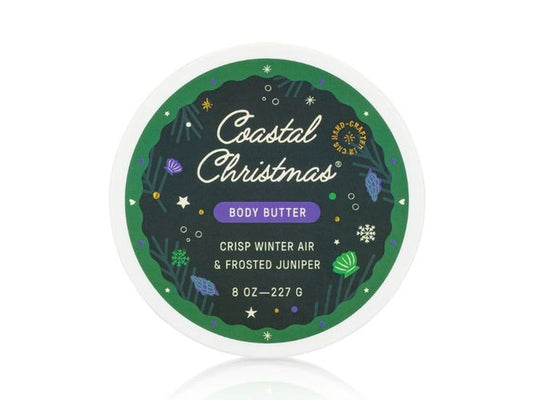 Coastal Christmas body butter container with green label on a white background