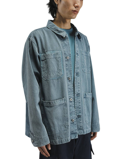 Alpha Industries Ctn Chore Coat, light blue washed cotton jacket with large front pockets and subtle nylon pocket details.