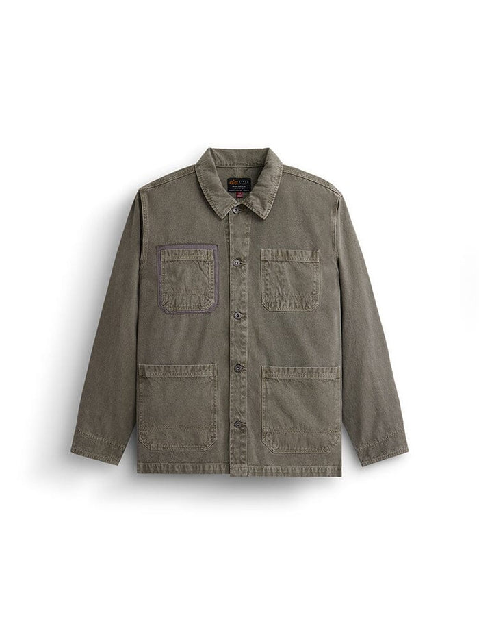 Alpha Industries Ctn Chore Coat, OG-107 Green, garment washed cotton, four front patch pockets, button closure, pointed collar.