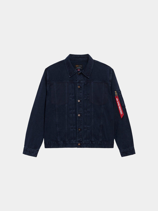 Alpha Industries Ctn Work Overshirt in Replica Blue, cotton denim, front button closure, long sleeves, chest pockets, red fabric tag.
