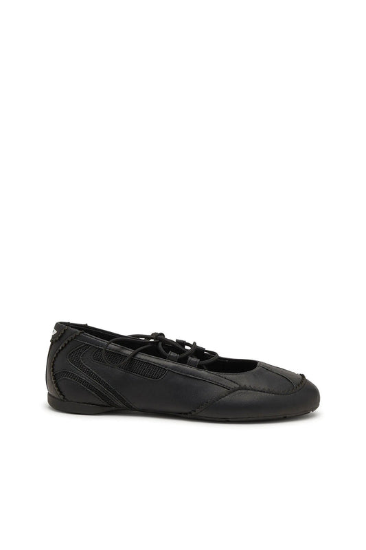 D-Mile - Lace-up ballerina flats in leather and mesh