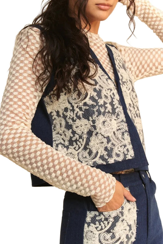 Davi & Dani Lace Patch Open Front Denim Vest