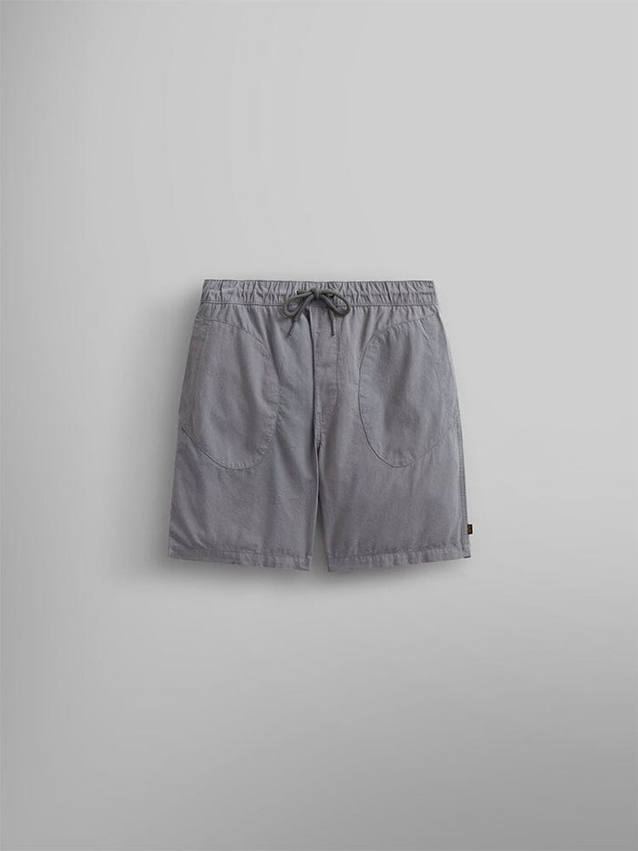 Alpha Industries Deck Shorts in Aircraft Gray with elastic waistband, drawstring tie, and two large front pockets.