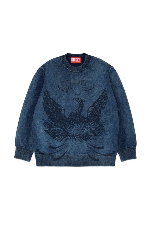 Denim-effect jumper with phoenix motif